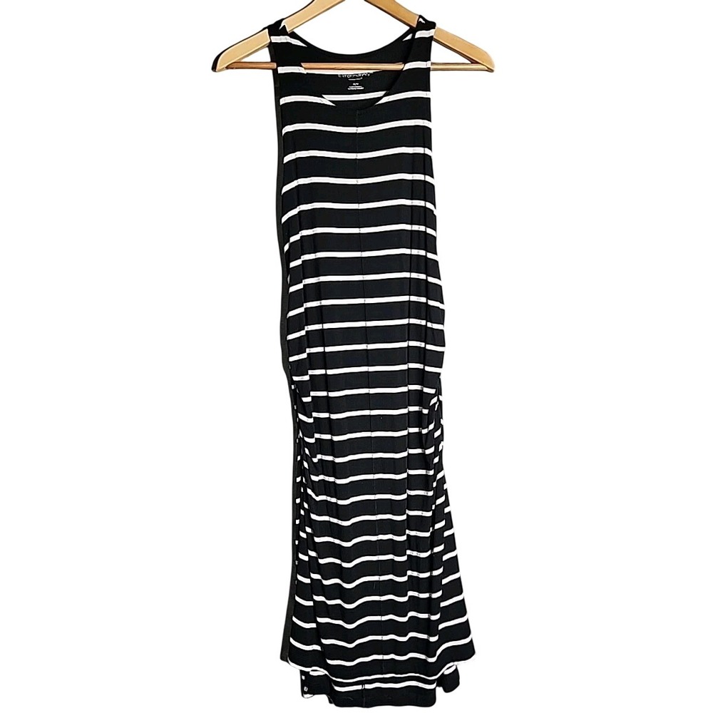 Liz Lange Maternity Black White Striped Ruched Bodycon Tank Midi Dress Medium
